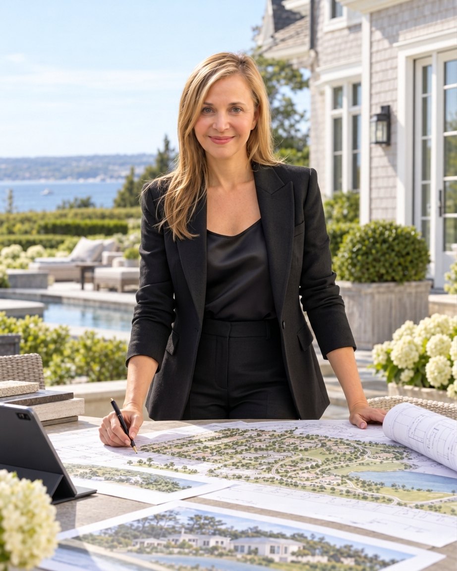 Azita J reviewing site plans on a terrace overlooking the water
