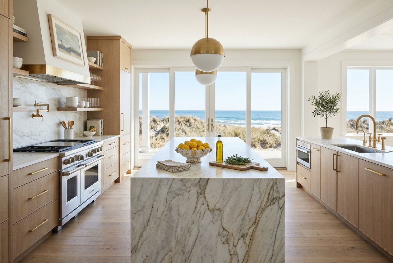 Kitchen with a marble waterfall island, white oak cabinetry and glass doors to the dunes