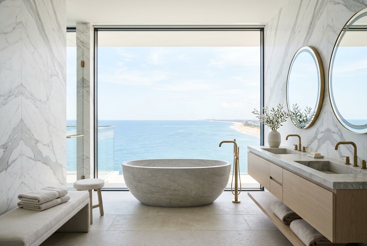 Marble bathroom with a freestanding stone tub facing a window to the ocean