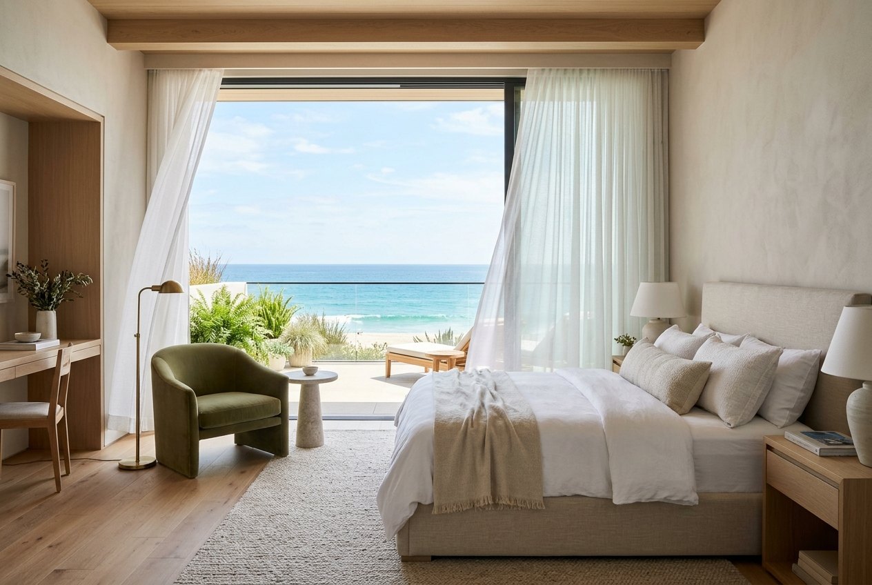 Primary bedroom opening onto a private terrace with an ocean view