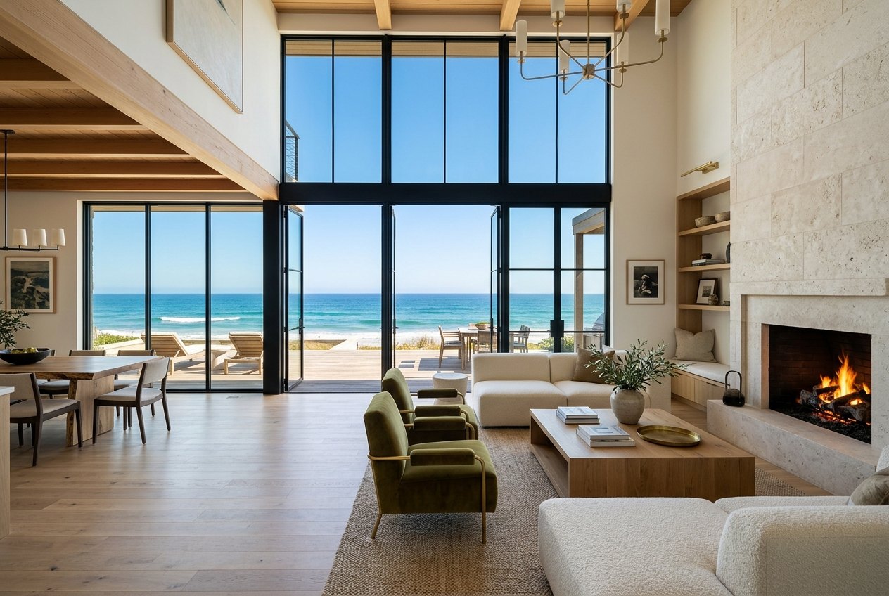 Double-height great room with a stone fireplace and floor-to-ceiling windows facing the ocean