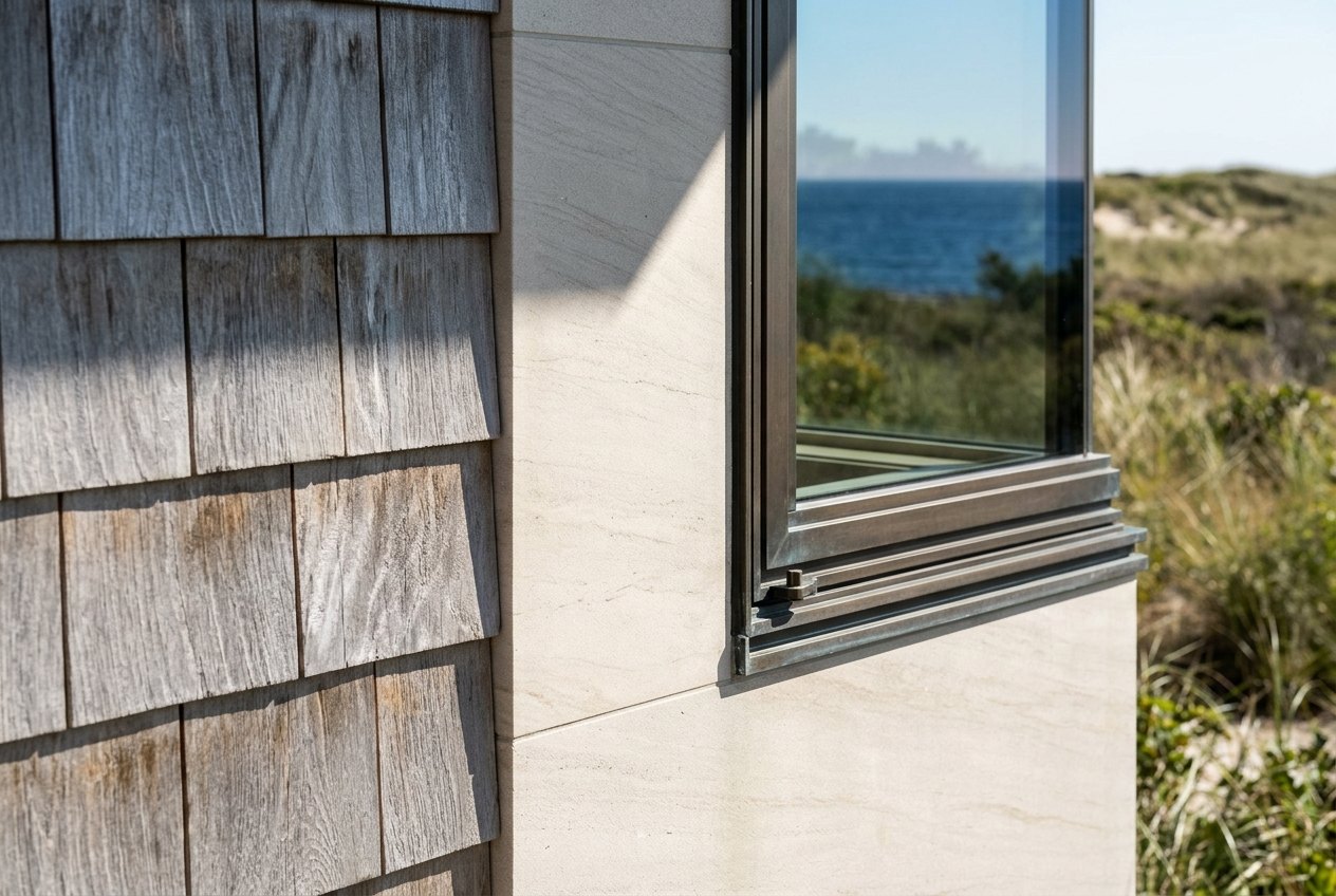 Detail of cedar shingles, limestone and a bronze window frame reflecting the ocean