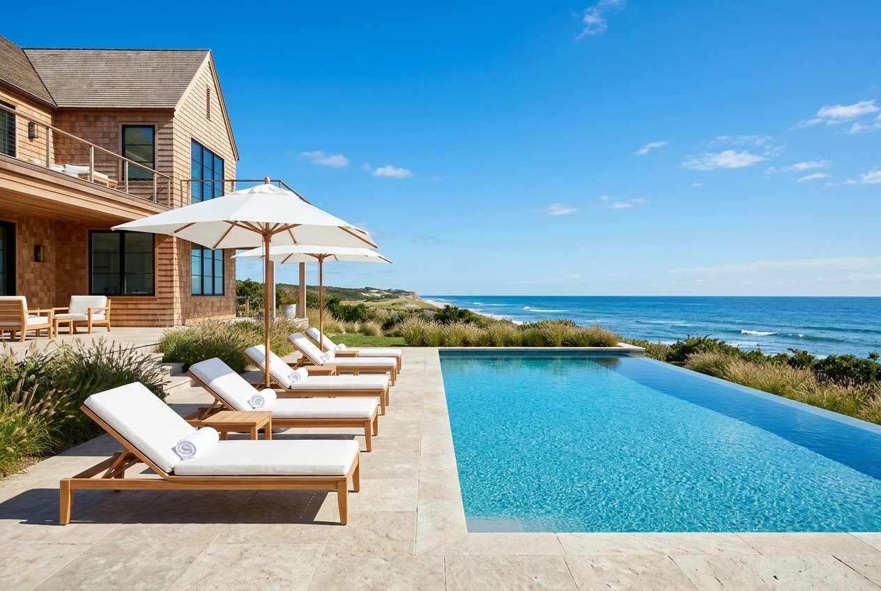 Infinity pool and sun loungers on a limestone terrace overlooking the ocean