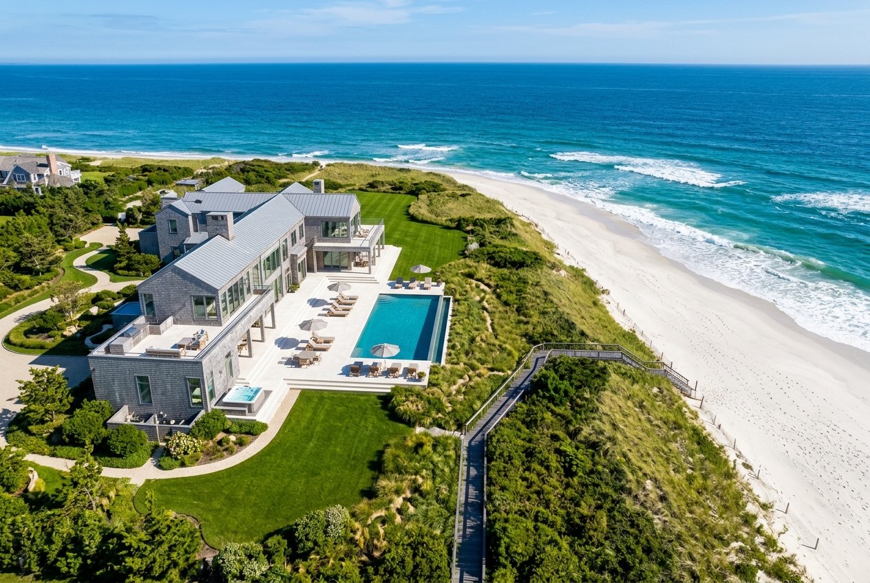 Aerial view of a shingle-style oceanfront estate with pool, lawn and a boardwalk to the beach